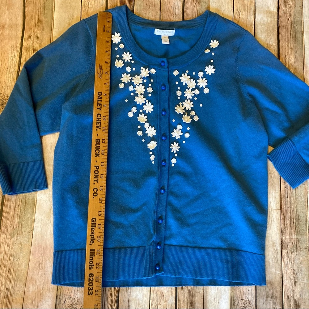 Charter Club Blue Solid White Floral Women's Sweater Cardigan size OX - Picture 4 of 8